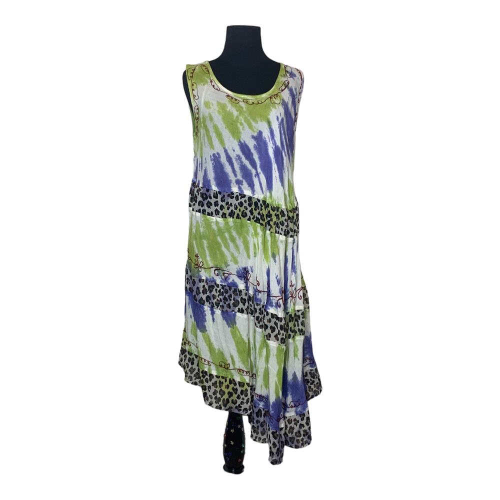 Jessica Taylor green blue rayon sleeveless boho asymmetric midi dress size small